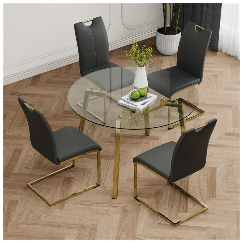 Table ronde en verre de style moderne, conception transparente élégante, base de support durable, ensemble de chaises de salle à manger en polyuréthane, convient aux cuisines de restaurant
