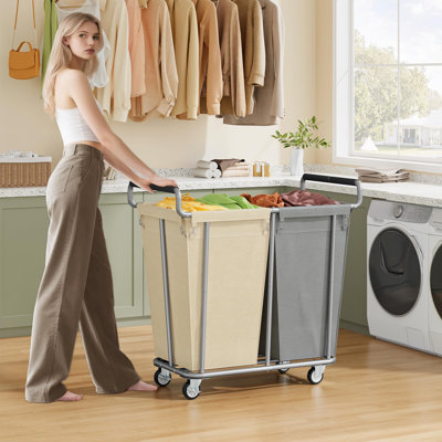 Large Laundry Hamper With Wheels, 2 Bag 360L Big Rolling Laundry Basket Sorter Cart(Grey+Beige)