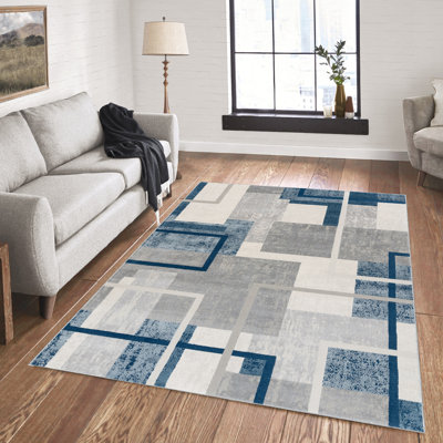 Ethan Abstract Geo High-Low Indoor Area Rug, Modern Blue Polyester/Polypropylene – Living Room & Bedroom