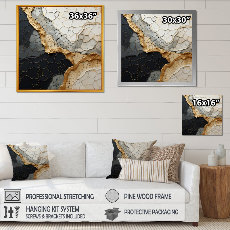 «Black Gold Ororned Poteries VII», reproduction sur toile, H 30 po x l 30 po x P 1 po, Cadre flottant doré