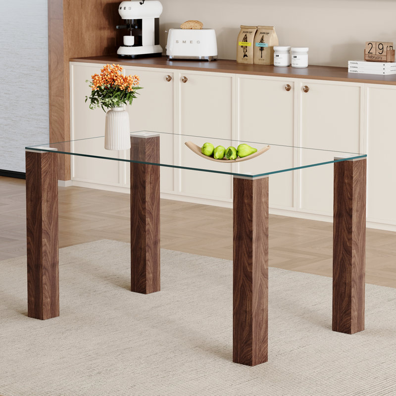 49.6”×30” Transparent Tempered Glass Dining Table With Rectangular Walnut - Color MDF Wood Grain Legs: Blending Simplicity & Quality, Ideal For Diverse Interior Decoration Styles