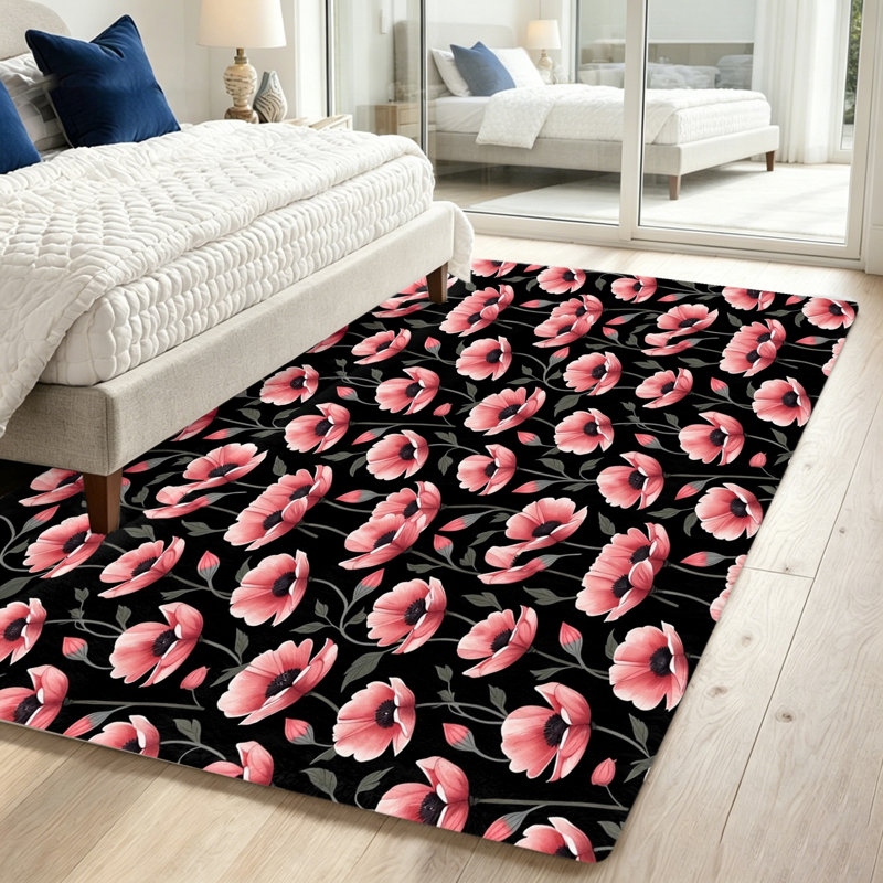 Floral Poppy Area Rug, Non-Slip Soft Indoor Floor Mat for Living Room, Bedroom, Kitchen, Entryway, Patio Decor and Accessories