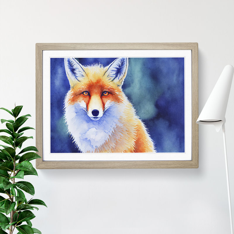Fox Watercolour - Single Picture Frame Print, 46cm H x 64cm W x 2cm D, Oak