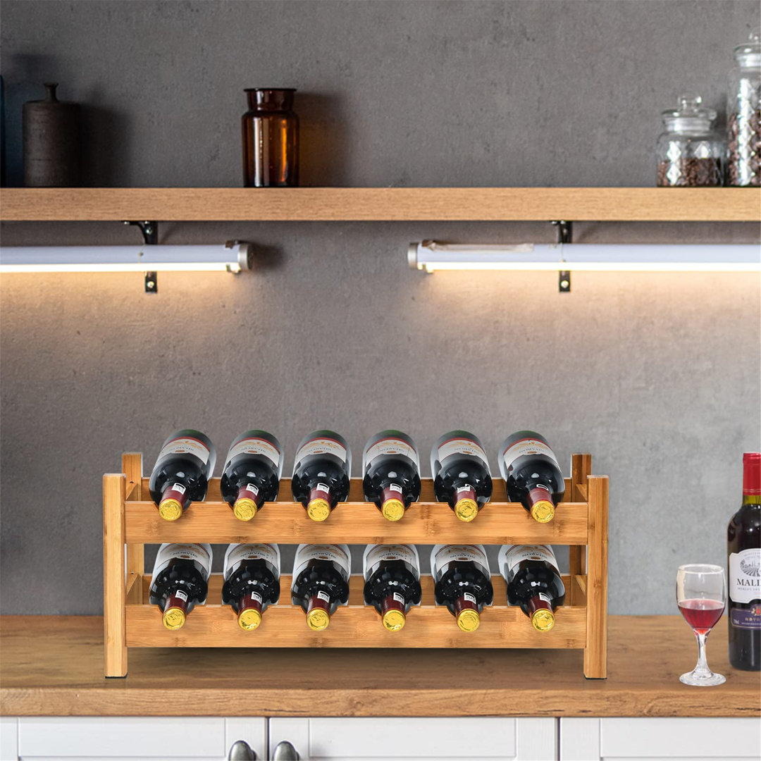 2 Tier Countertop Wine Rack, Bamboo Freestanding Wine Holder Organizer With Arc Design, Space-Saving Wine Display And Storage Shelf For Kitchen Pantry