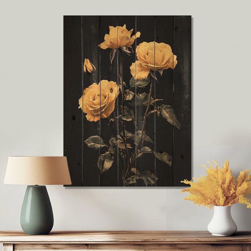 Midnight Vintage Rose Flowers Elegance I - roses, art mural en bois - sur bois de pin naturel, H 32 po x l 24 po x P 0,78 po