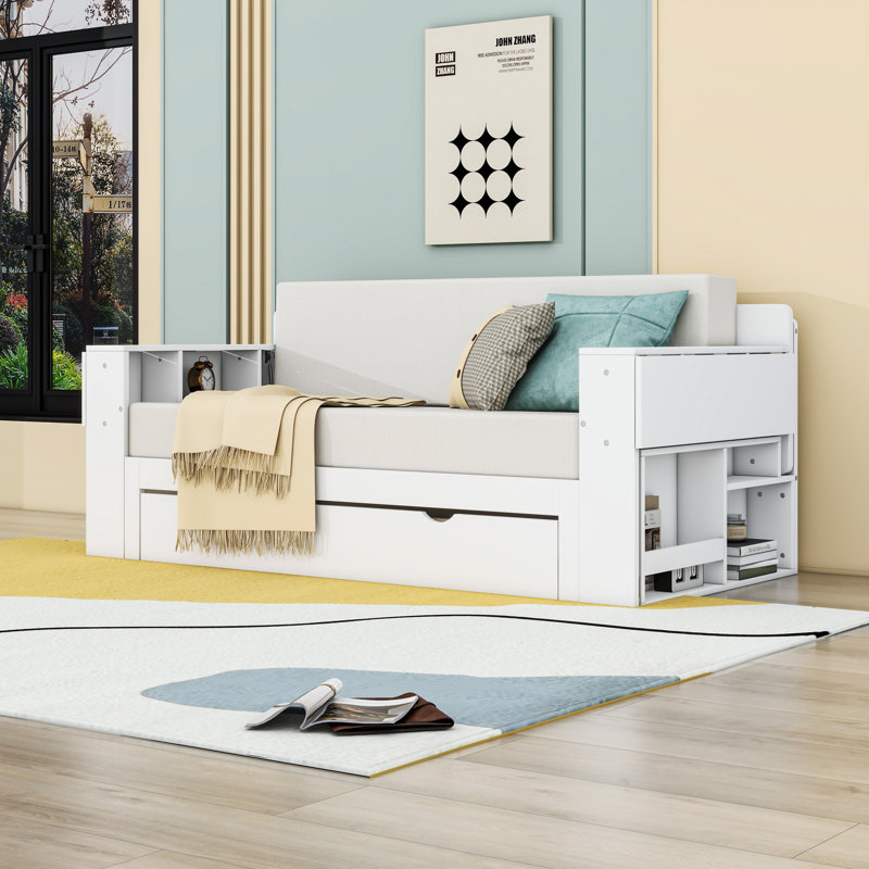 Lit de jour en bois avec bureau et tiroirs et tablettes de rangement, Lit double, Blanc