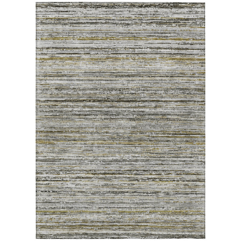3' X 5' Pewter Striped Washable Indoor Outdoor Area Rug