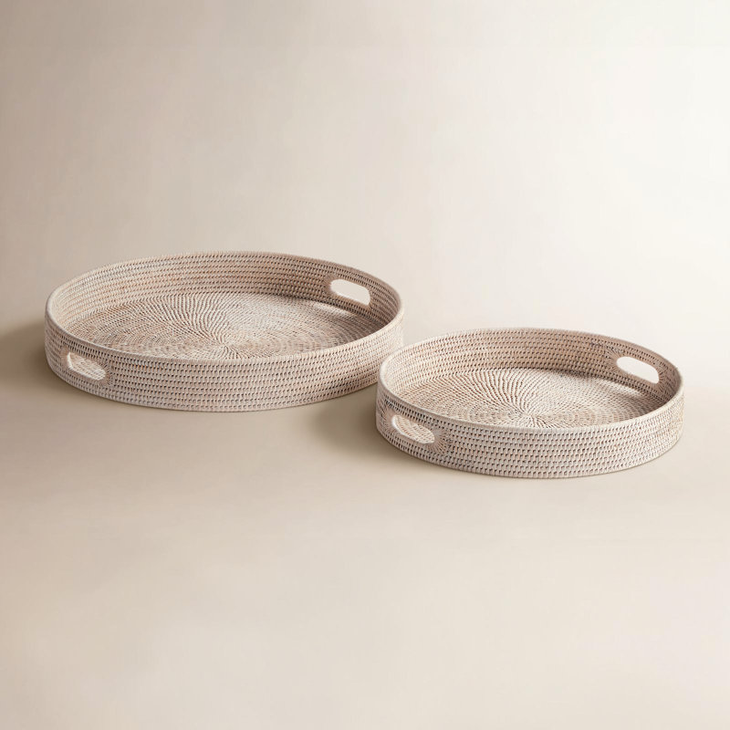 Set of 2 Burma Decorative Trays, 3.25" H x 22" W x 22" D, White Washed