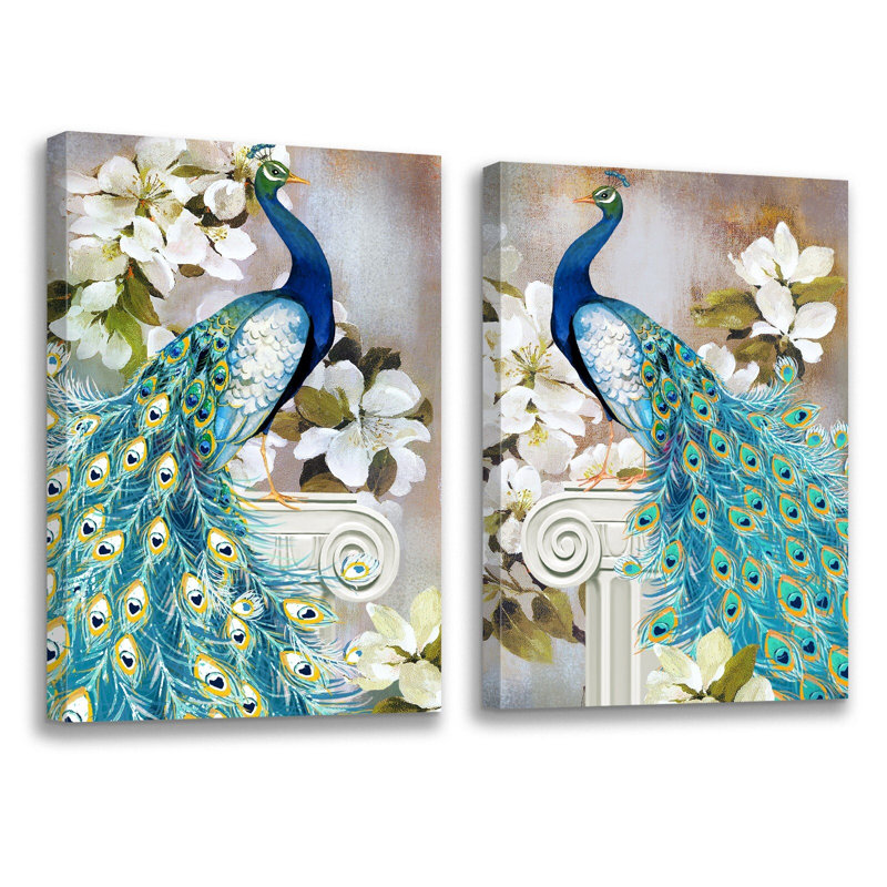 Paons bleus avec fleurs, ensemble sur toile, H 18 po x l 24 po