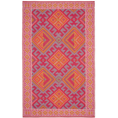 SAMPLE-Valencia Kilim Geometric Handmade Flatweave 100% P.E.T Indoor/Outdoor Area Rug in Orange/Rose/Turquoise/Lime - 2'x1'6"