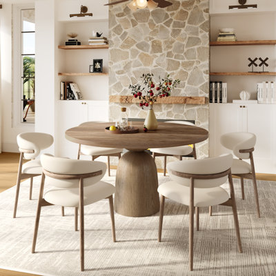 3/5/7 Pcs Mid-Century Solid Wood Round Dining Table Sets With Comfort Upholstered Kitchen Chairs For 2/4/6