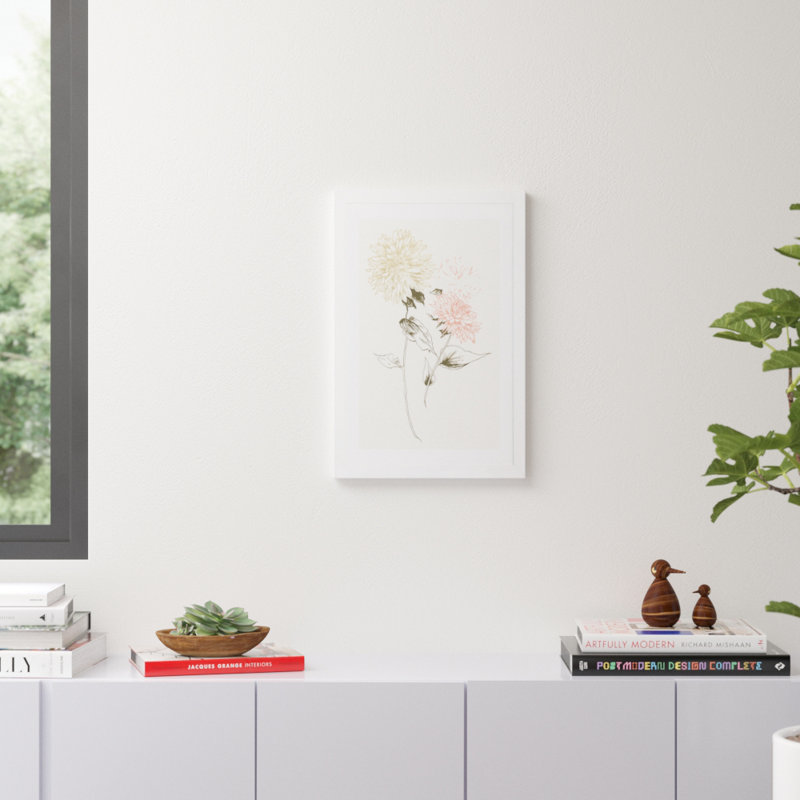 Fleurs sur fond blanc II - Reproduction d'art graphique sur papier encadré, H 24 po x l 16 po x P 1 po, Papier encadré blanc