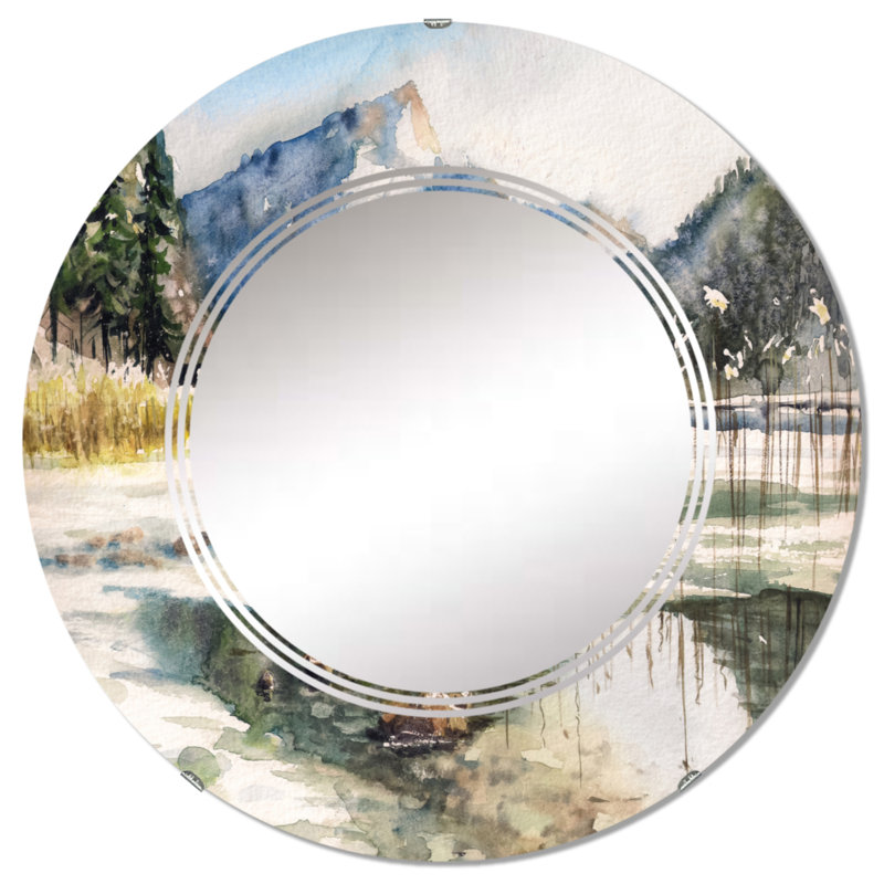 Lac avec paysage de montagne - Miroir mural rond, 24 po x 24 po