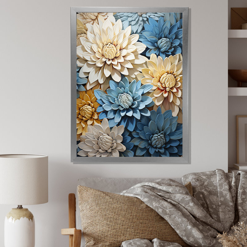 «Garden Bliss Mums» en blanc et bleu III sur toile, Cadre simple argenté, H 44 po x l 34 po x P 1,5 po