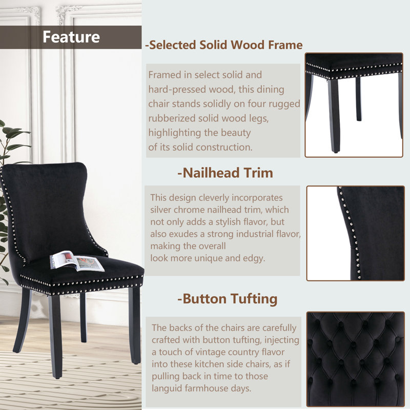 Black Velvet Upholstered Dining Chairs with Nailhead Trim, Set of 6