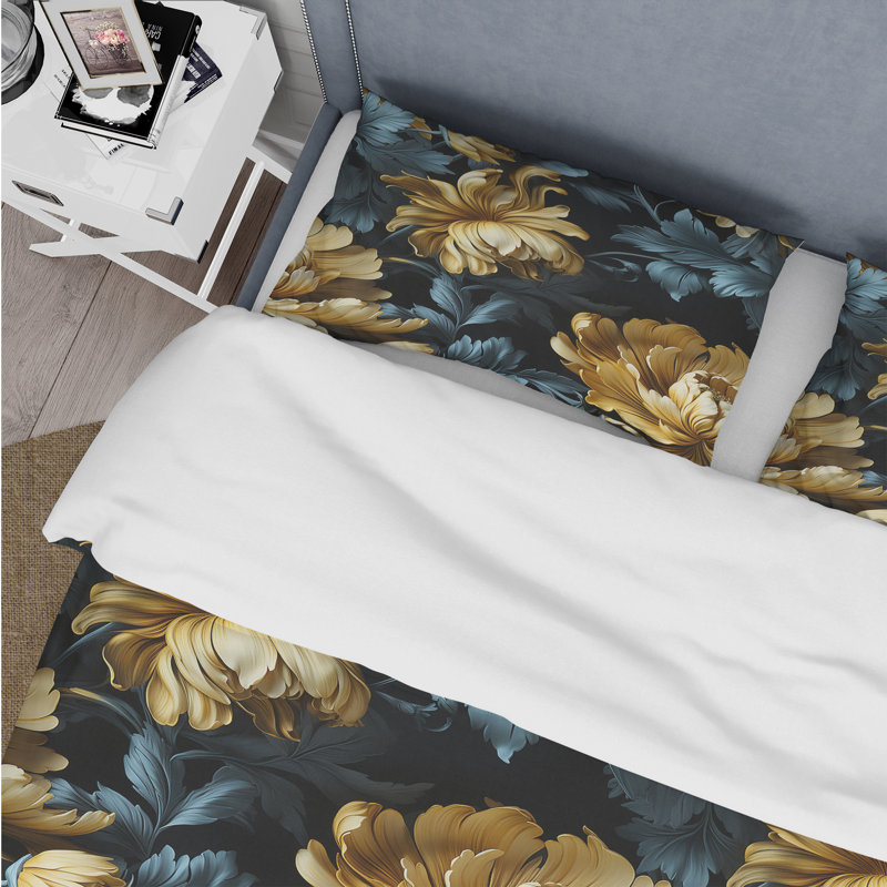 Dark Blue And Golden Gilded Damask Glamour - Damask Duvet Cover Set, Queen Duvet Cover + 2 Standard Shams