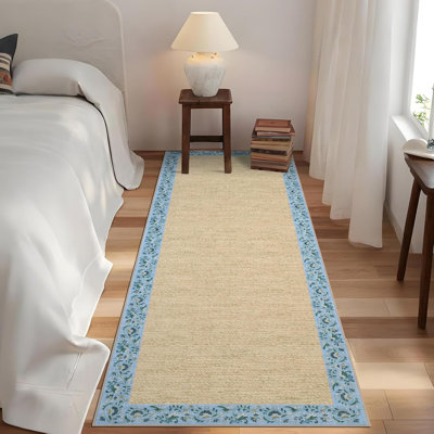 Floral Bordered Kitchen Rug – Minimalist, Non-Slip, Washable for Hallways, Entryway, Bedroom (Light Blue)
