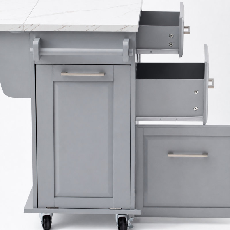 Îlot de cuisine de 129 cm avec meuble à ordures inclinable, organisateur coulissant, abattant et 2 tiroirs, Grey+Blue