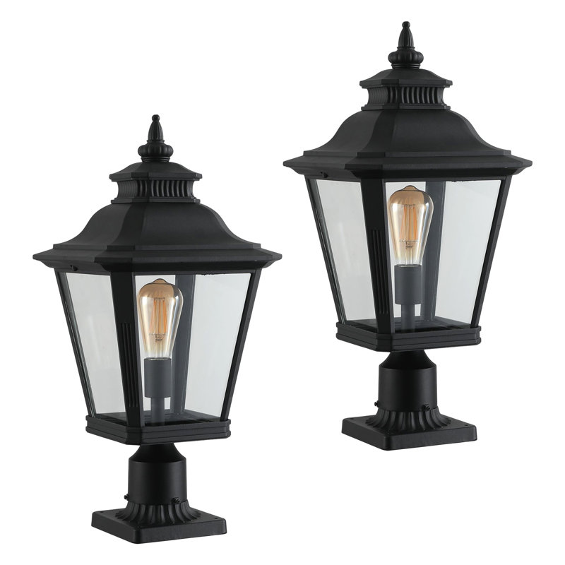 21 In. High Vintage Outdoor Post Lantern Light For Garden Yard Outdoor Black Metal & Clear Glass Post Light Fixture Pillar Lamp With Pier Mount