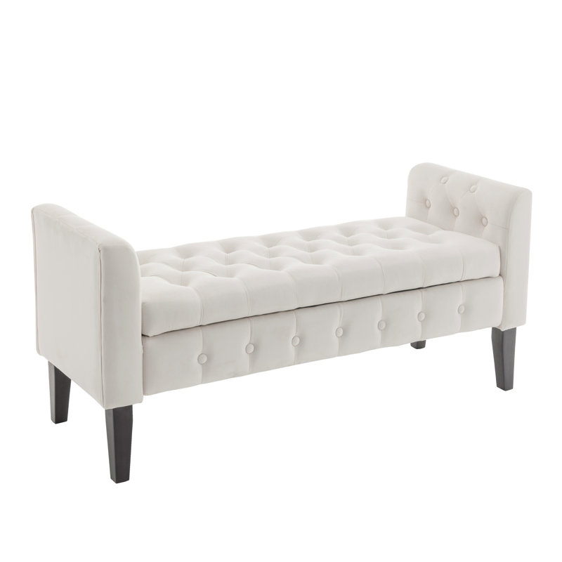 Banc de rangement en velours avec pieds en bois d'hévéa Vendrina, Blanc cassé