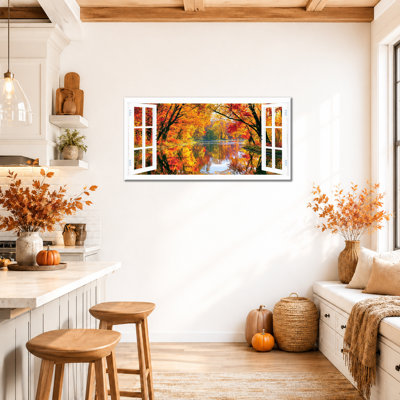  Fall Canvas Wall Art, Open Window Autumn Landscape Prints, Rustic Maple Leaf Pictures, Serene Artistic Harvest River Painting, Farmhouse Large Framed Artwork Decor for Living Room Bedroom, 24x47 inches