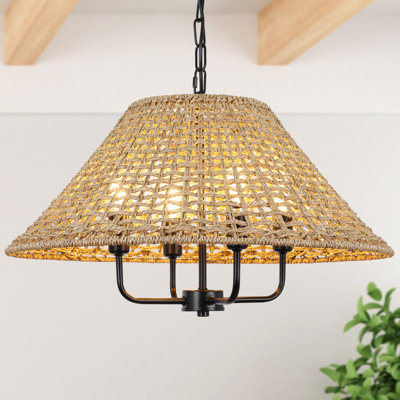 4- Light 21.6" Dimmable Hand-Woven Drum Rattan Chandelier
