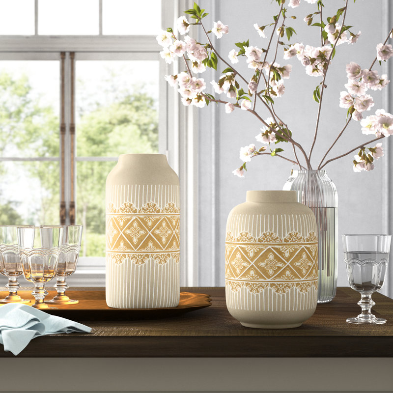 Arshpreet Gwenevere Set Of 2 Beige/Orange Ceramic Boho Style Vase