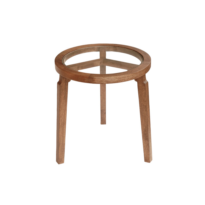 Transitional Solid Hand-Made Mango Wood/Glass Round Side Table