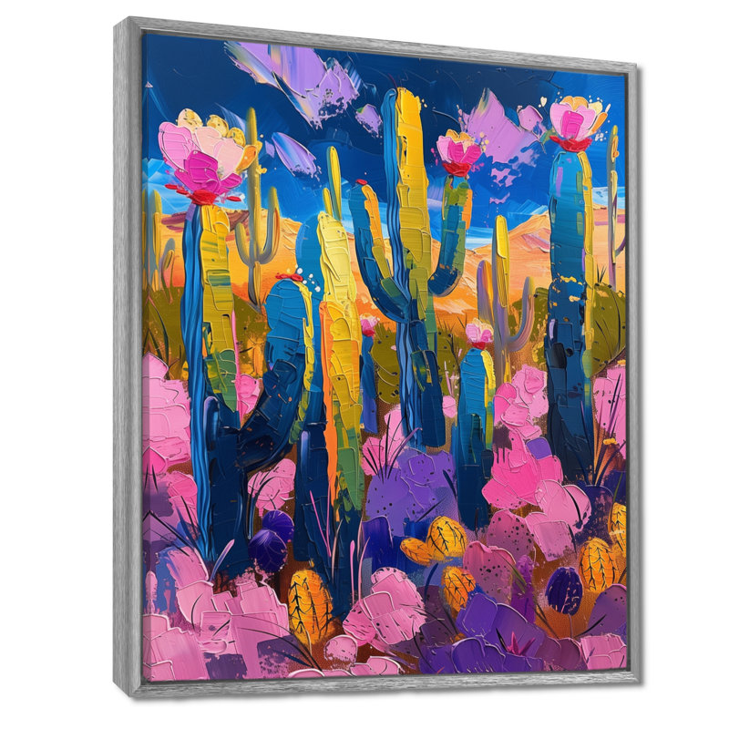 Cactus mauve et bleu, coucher de soleil Vibes III - Cactus floral, Toile argentée avec cadre flottant