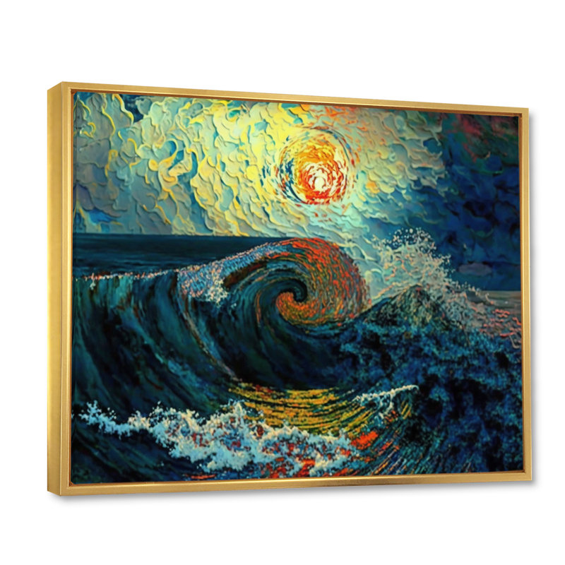 Vagues sauvages se brisant au coucher du soleil - impression, H 16 po x l 32 po x P 1 po, Cadre flottant doré