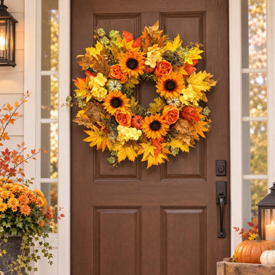 24" Fall Wreath, Maple Leaves, Pumpkins & Sunflowers, Front Door Autumn Decor
