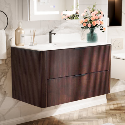36 in. Wall-Mounted Bathroom Vanity in Walnut Finish with Solid Wood Cabinet and One-Piece Acrylic Countertop