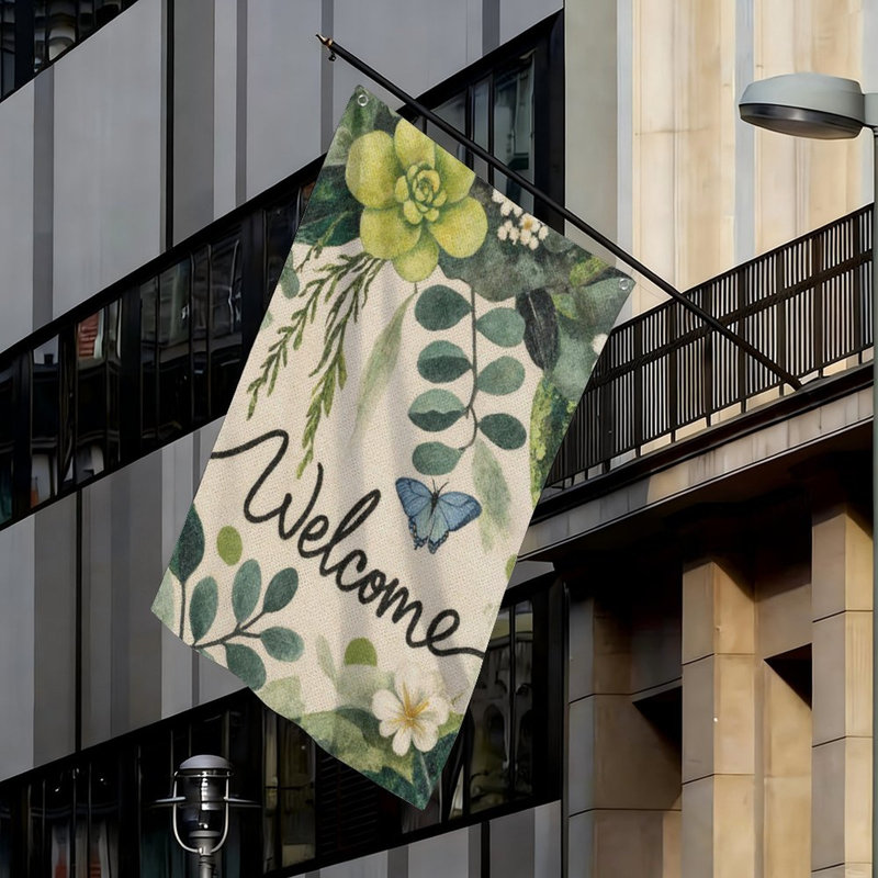 Drapeau de bienvenue Greenery Butterfly, pour intérieur et extérieur, 35 x 24
