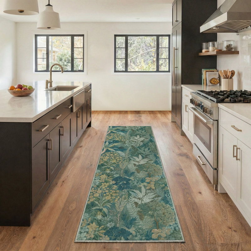 Tapis d'intérieur vert lavable à la machine Verdure, Tapis de couloir 2 pi 6 po x 8 pi