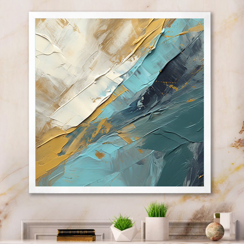 Serenity Sunset In Teal And White - Abstract Shapes Wall Art Decor, White Single Picture Framed, 30" H x 30" W x 1" D