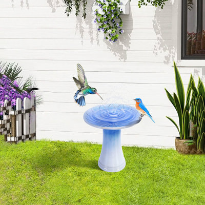 Bain pour oiseaux de 17 po pour l'extérieur, motif floral, finition dégradée bleue, hauteur totale de 18,11 po, eau peu profonde et sécuritaire pour un ombrage glacier léger multi-activités, jeu optimal, fabriqué à la main,