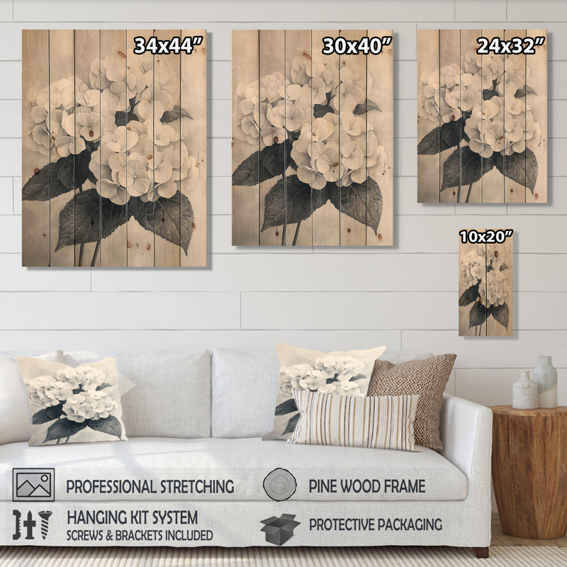 Vintage Hydrangea In Monochrome II - Hydrangea Wood Print - On Natural Pine Wood, 20" H x 10" W x 0.78" D
