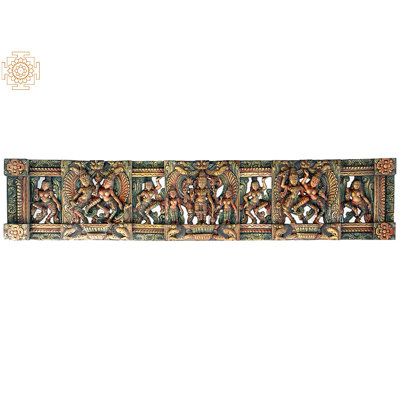 Hand-Carved Wood Lord Vishnu Temple Panel, 72 in. Long     South Indian Sacred Wall Art for Living Room & Meditation Space