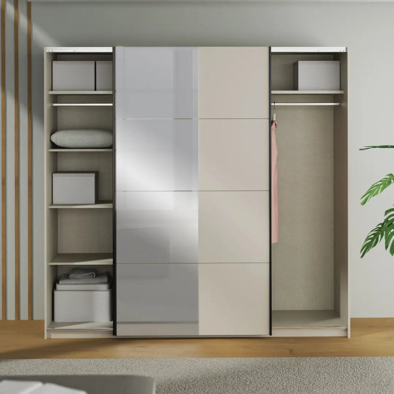 Cezary 2 Door Mirrored Sliding Wardrobe with 5 Shelves in Sand, 220 cm