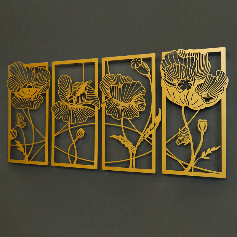 Ensemble d'art mural en métal Blossom - 4 pièces, Or, H 18 po x l 37 po x P 1 po