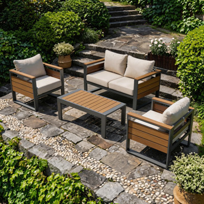 Ensemble de meubles de patio en aluminium, canapé modulaire d'extérieur 4 pièces avec table basse, ensembles de conversation de patio thermolaqués avec coussin épais de 5 po et accoudoirs larges pour la cour et la terrasse