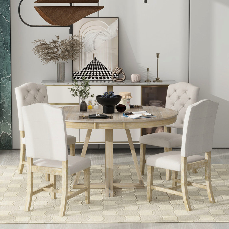 Natural 5 Dining Configuration - 42"-58" Table With 16" Leaf And Comfy Chairs Retro Assembly 4 Gorgeous Upholstered Seats (natural