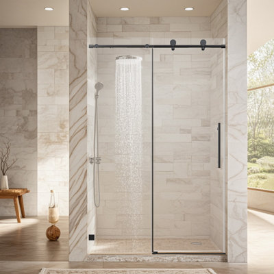 Porte de douche coulissante simple sans cadre l 46 à 48 po x H 76 po, verre trempé 5/16 po, noir mat, fermeture en douceur