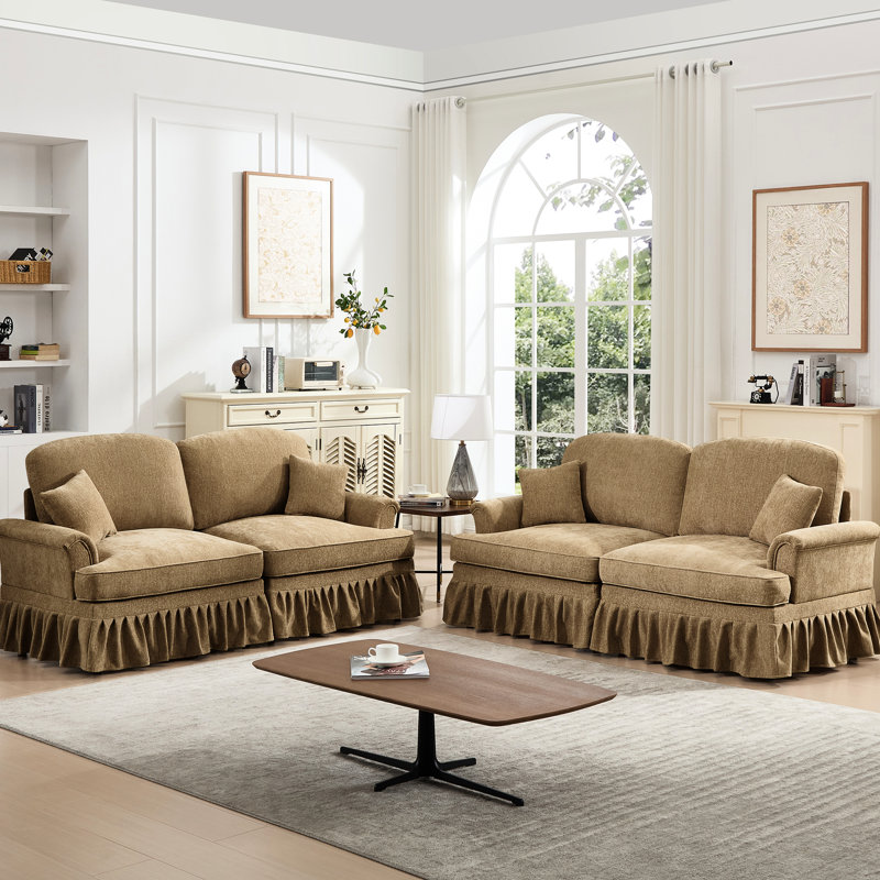 Salon classique 2 pièces avec coussin décoratif doux, dossiers en forme de fleur, et idéal pour les petits espaces en tissu chenille modulaire café, pétale, soutien complet du corps
