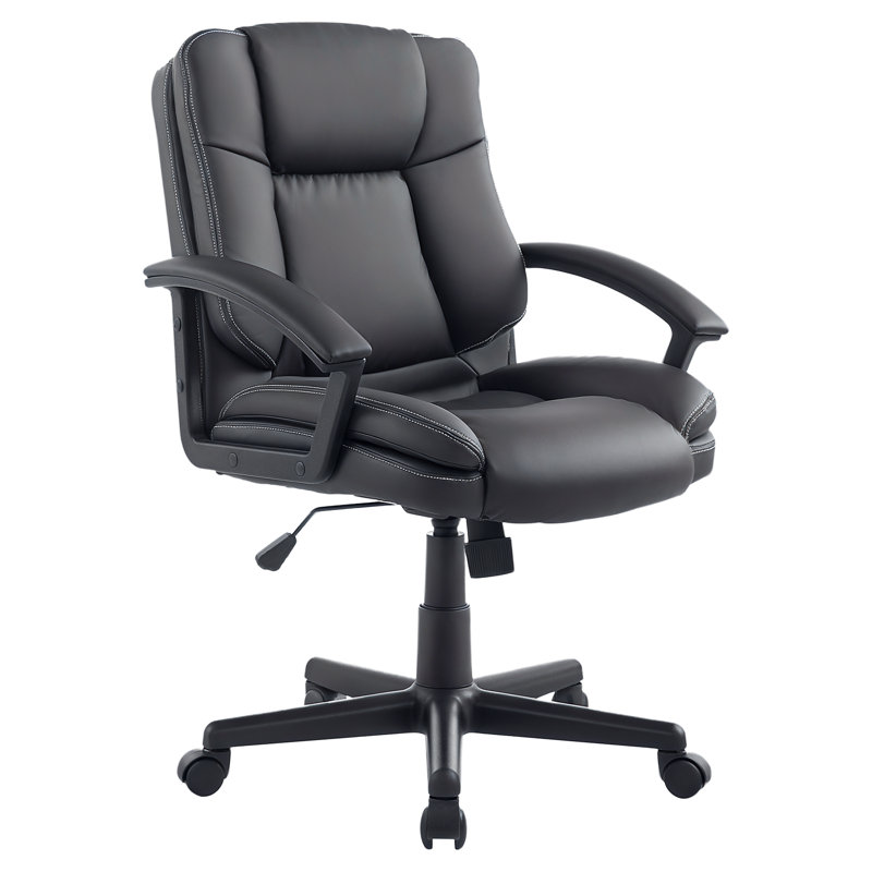 Swivel Executive Office Chair Mid Back PU Leather Chair w/ Arm, Black, Black
