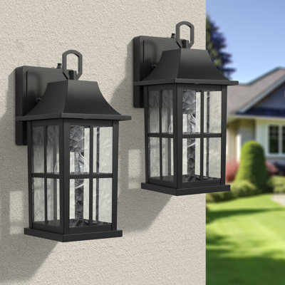1-Light 12.5" Black Aluminum and Hammered Glass ETL Outdoor Wall Lantern with Dusk To Dawn