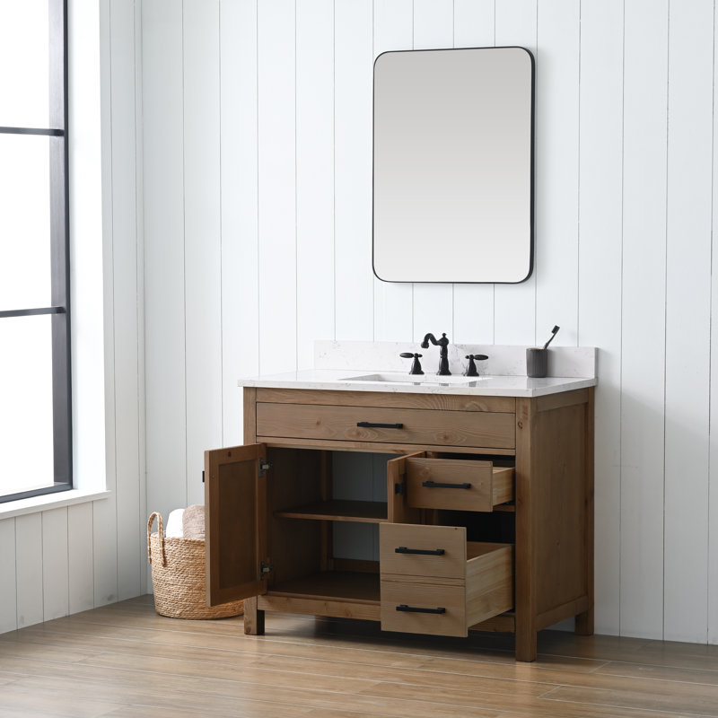 Ajiya 42" Single Bathroom Vanity Set, Textured Natural/Matte Black, Carrara White