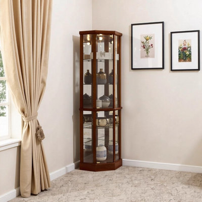 6 Shelf Lighted Corner Curio Cabinet with Adjustable Tempered Glass Shelves and Mirror Back, Cherry (E26 Light Bulb Not Included) by Lark Manor