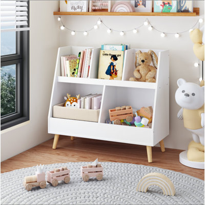 Bibliothèque pour enfants et organisateur de jouets, bibliothèque ouverte en bois à 5 casiers, rangement pour bébé à 2 niveaux avec pieds