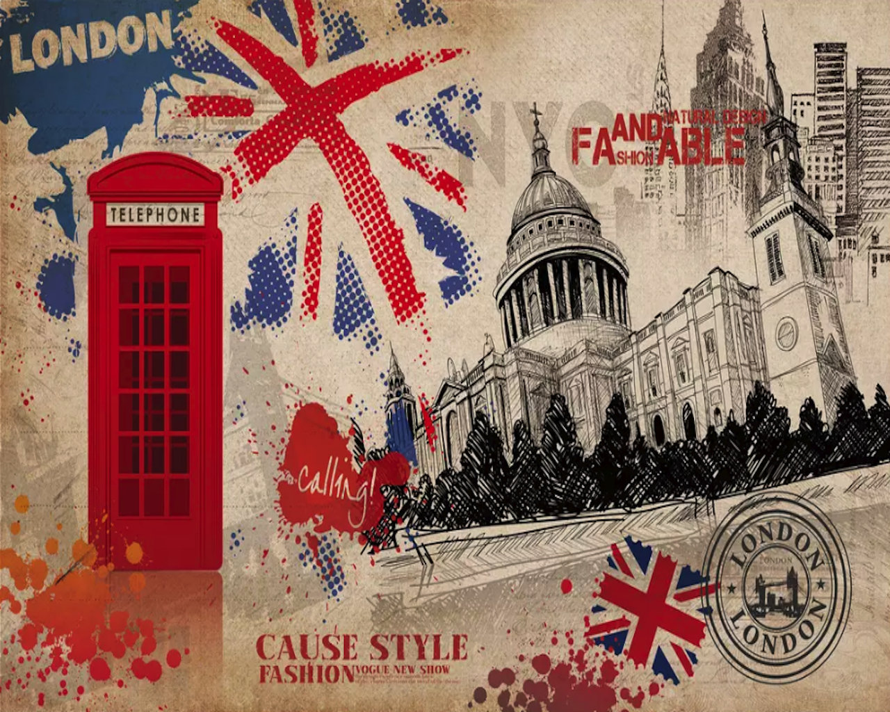 GK Wall Design London Landscape, English Flag And Phone Booth Textile  Wallpaper | Wayfair, image size:1280x1024